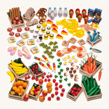 Erzi Wooden Food Shop Assortment. A huge selection of Erzi play food to fill up an Erzi shop, on a cream background