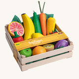 Erzi Wooden Assorted Fruits & Vegetables XL. A fantastic selection of large wooden fruits and vegetables, neatly inside a wooden Erzi crate. There is also a thin orange paper wrapping across the top of the crate
