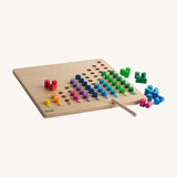 The Erzi Toys Counting Peg Board, showing the colourful pegs inside the cut out holes and next to the board.
