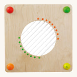 Erzi Baby Guitar Wall Board. A wooden board with strings, on a cream background. A fun wall mounted, musical learning toy for hours of musical fun