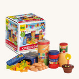 Erzi Wooden Party Food Set, with box on a cream background. The images shows a selection of Erzi food ready for a party