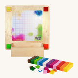 Erzi Pixelino Wall Board Game. A grid layout on an upright wooden board which allows users to create pixelated wall art using bright, colourful, square blocks. The board also come with a box to keep all the small woodn blocks inside.