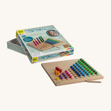 The Erzi Toys Counting Peg Board, stood in front of its box. The box has the image of the counting peg board.