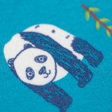 A close up of the playful panda design on the Frugi easy on printed jumper in panda pals available at Babipur.