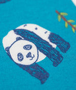 A close up of the playful panda design on the Frugi easy on printed jumper in panda pals available at Babipur.