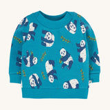 Frugi easy on printed jumper in panda pals available at Babipur. A GOTS organic cotton sweater in light blue with a playful panda design.