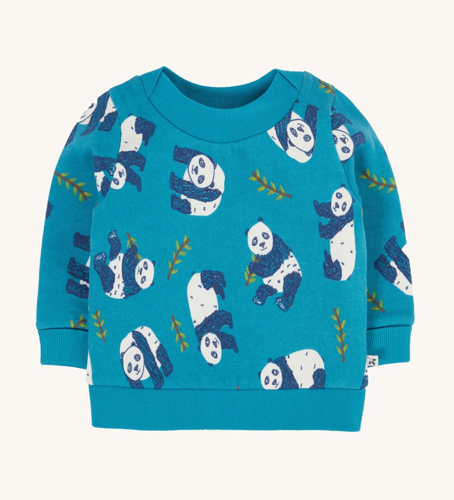 Frugi easy on printed jumper in panda pals available at Babipur. A GOTS organic cotton sweater in light blue with a playful panda design.