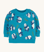 Frugi easy on printed jumper in panda pals available at Babipur. A GOTS organic cotton sweater in light blue with a playful panda design.
