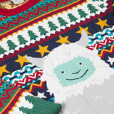 A close up of the cute playful yeti design on the Frugi forest fairisle/yeti jumper available at Babipur.