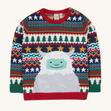 Frugi forest fairisle/yeti jumper available at Babipur. A GOTS organic cotton jumper with a cute playful yeti on a festive fairisle design. Features a button fasteners on the shoulder