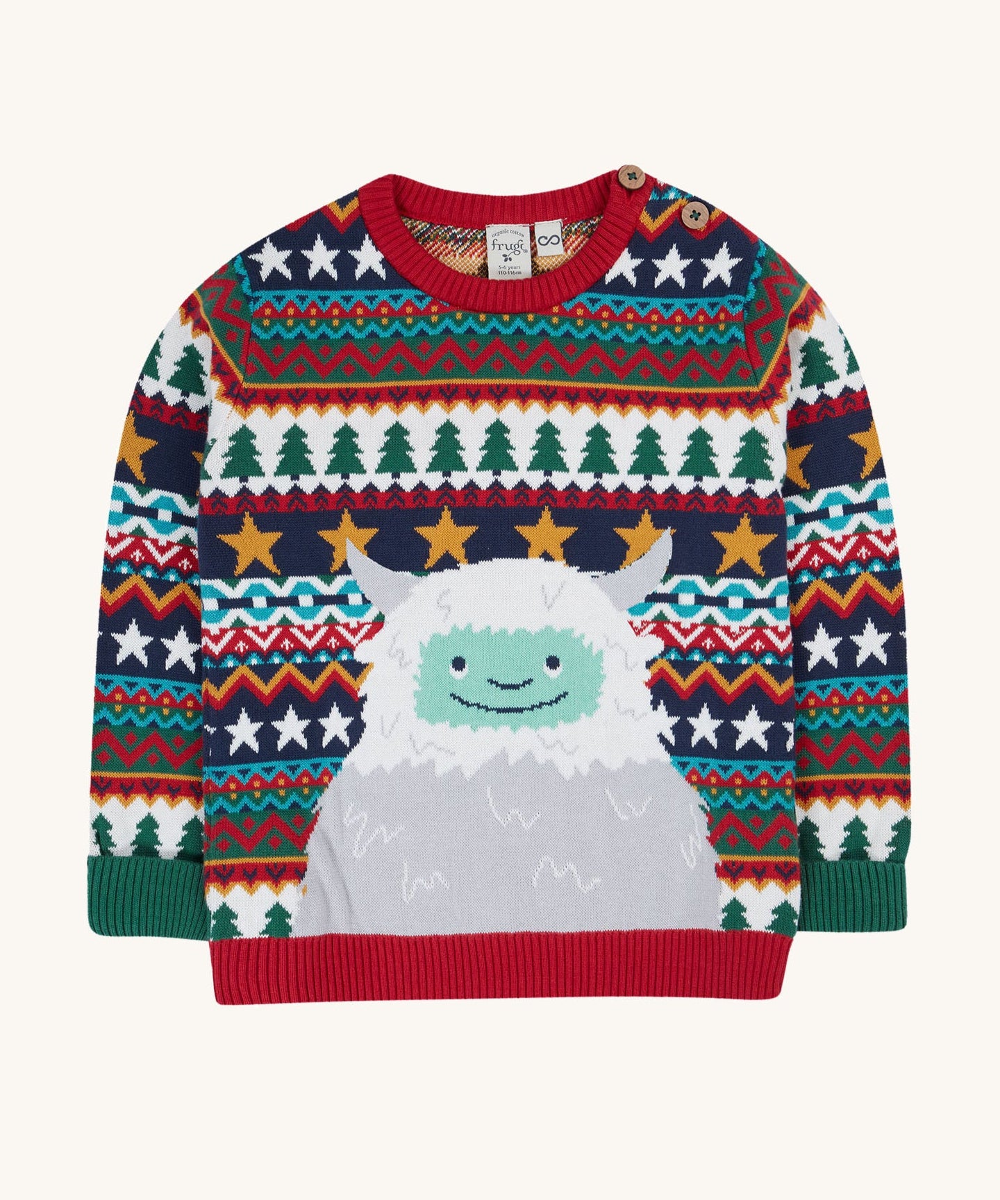 Frugi forest fairisle/yeti jumper available at Babipur. A GOTS organic cotton jumper with a cute playful yeti on a festive fairisle design. Features a button fasteners on the shoulder