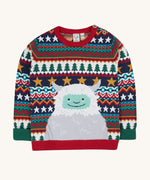 Frugi forest fairisle/yeti jumper available at Babipur. A GOTS organic cotton jumper with a cute playful yeti on a festive fairisle design. Features a button fasteners on the shoulder