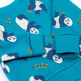 A close up of the arm cuff detail on the Frugi easy on printed jumper in panda pals available at Babipur.