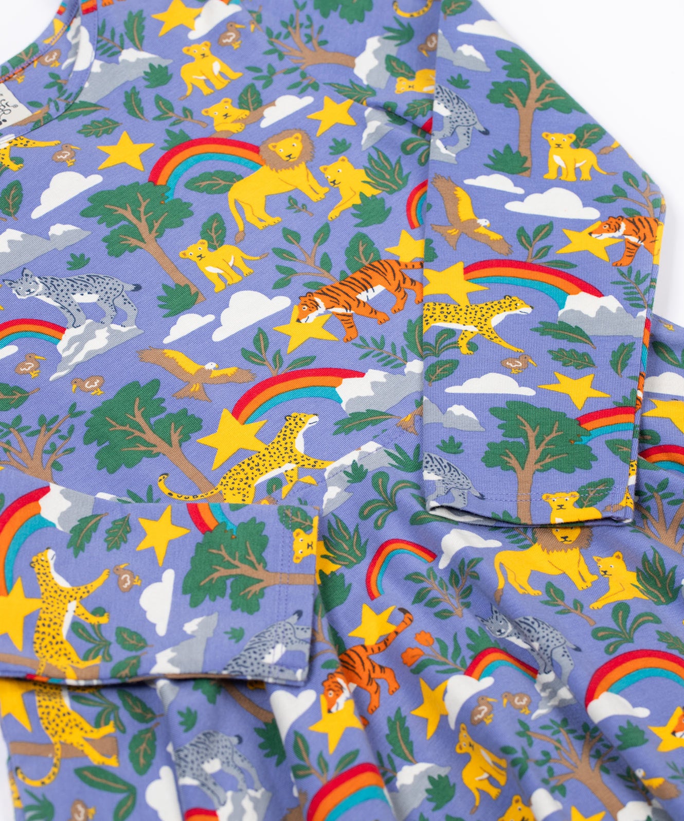 A close up of the Frugi sofia skater dress in grape / into the wild available at Babipur. A GOTS organic cotton lilac skater dress with a playful wildlife print.