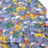 A close up of the Frugi sofia skater dress in grape / into the wild available at Babipur. A GOTS organic cotton lilac skater dress with a playful wildlife print.