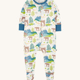 A Frugi Caribou Fields Organic Cotton Lovely Babygrow. A white babygrow with a reindeer themed print with green and blue details. This babygrow is a part of a wide range of organic cotton clothing for children available here at Babipur.