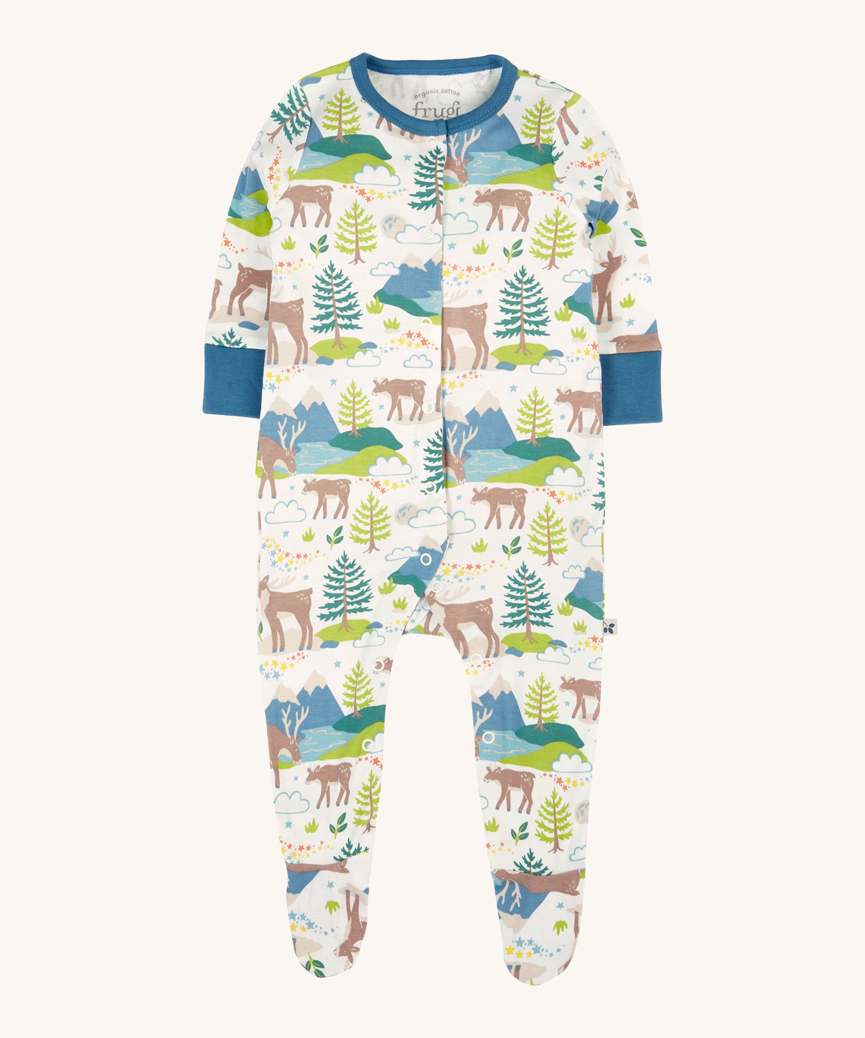 A Frugi Caribou Fields Organic Cotton Lovely Babygrow. A white babygrow with a reindeer themed print with green and blue details. This babygrow is a part of a wide range of organic cotton clothing for children available here at Babipur.