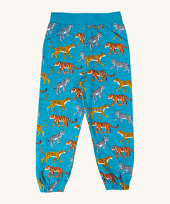 Frugi malpas joggers in wild cats available at Babipur. A GOTS organic cotton jogger in light blue with a different wild cats design. Features elasticated cuffs and side pockets