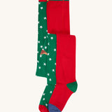 Frugi Norah tights in green robin and berry red 2 pack available at Babipur. A pair of GOTS organic cotton tights in green with white stars and a robin design. Other pair is a bright festive red.