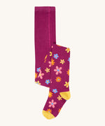 Frugi Norah tights in damson / retro floral available at Babipur. A GOTS organic cotton dark purple tights with a pastel coloured retro flower design and yellow contrasting panels