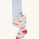Frugi Norah tights in grey marl / rainbow available at Babipur. A GOTS organic cotton grey tights with a playful rainbow design and red contrasting heel and toe panels