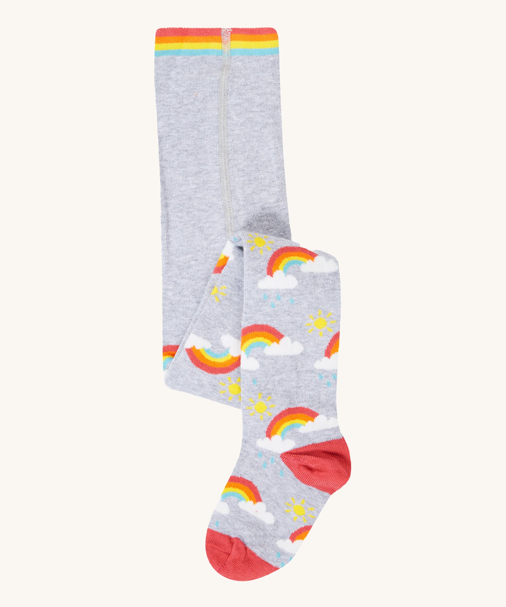 Frugi Norah tights in grey marl / rainbow available at Babipur. A GOTS organic cotton grey tights with a playful rainbow design and red contrasting heel and toe panels