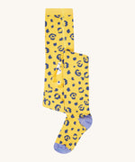 Frugi Norah tights in primrose / leopard available at Babipur. A GOTS organic cotton yellow tights with blue leopard print design and lilac contrasting heal and toe panels