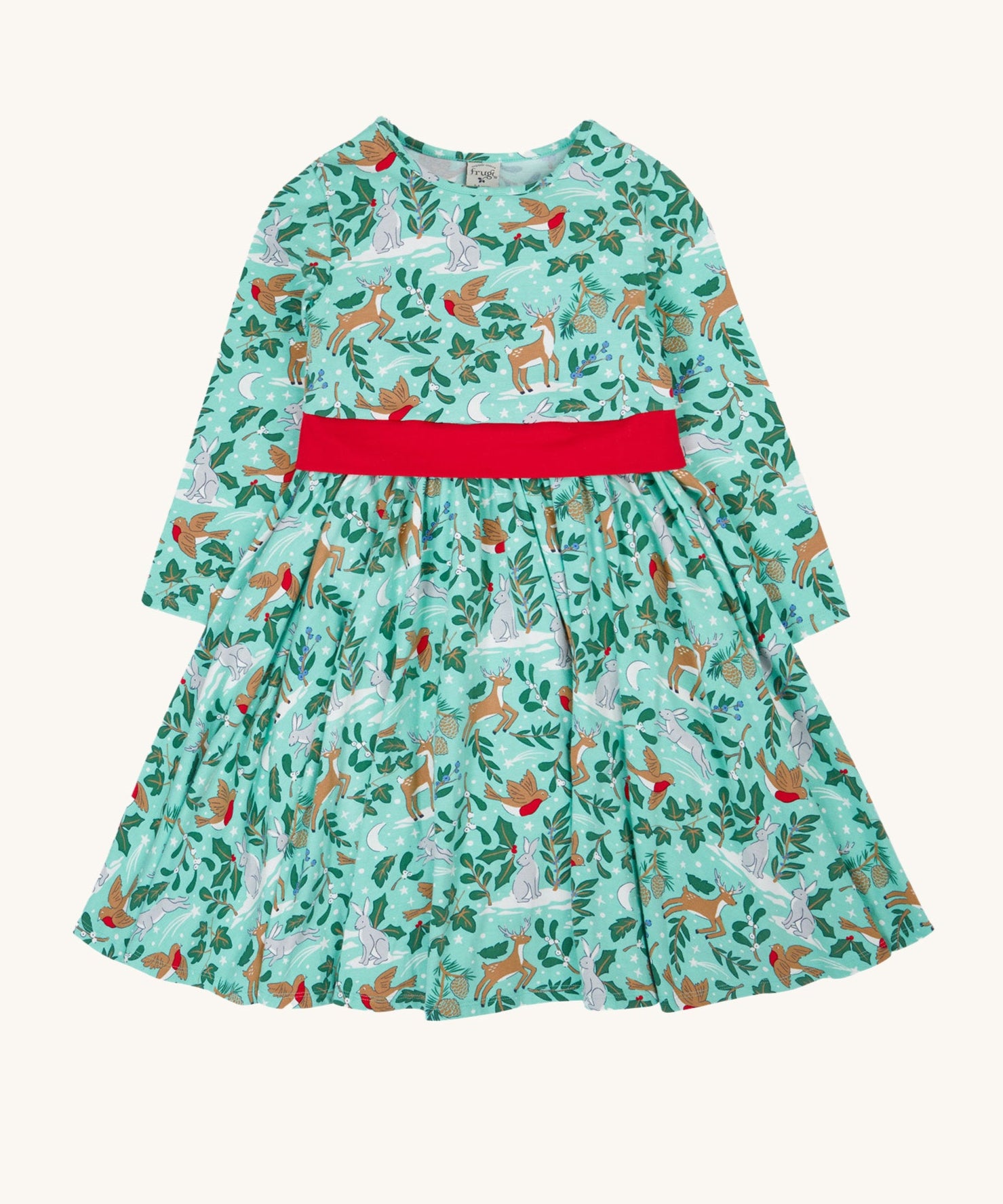Frugi party skater dress in festive forest available at Babipur. A GOTS organic cotton dress in mint green with a playful winter / festive print. Features a red tie around the waist