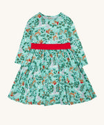 Frugi party skater dress in festive forest available at Babipur. A GOTS organic cotton dress in mint green with a playful winter / festive print. Features a red tie around the waist