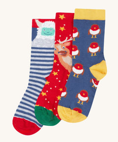 Frugi rock my socks 3 in festive multipack available at Babipur. GOTS socks in 3 different designs including a striped with a yeti, a red with reindeer and a blue sock with a cute robin design.