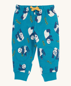 Frugi snuggle crawlers in panda pals available at Babipur. A GOTS organic cotton jooger style bottom in light blue with a playful panda print. Features soft knee patches and a yellow drawstring cord around the waist.