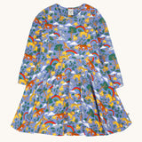 Frugi sofia skater dress in grape / into the wild available at Babipur. A GOTS organic cotton lilac skater dress with a playful wildlife print