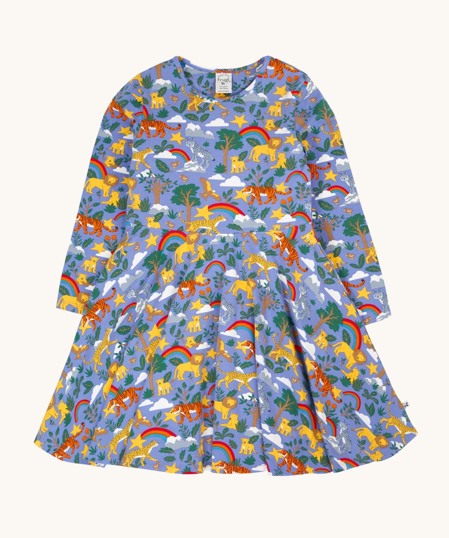 Frugi sofia skater dress in grape / into the wild available at Babipur. A GOTS organic cotton lilac skater dress with a playful wildlife print