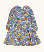 Frugi sofia skater dress in grape / into the wild available at Babipur. A GOTS organic cotton lilac skater dress with a playful wildlife print