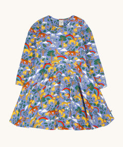 Frugi sofia skater dress in grape / into the wild available at Babipur. A GOTS organic cotton lilac skater dress with a playful wildlife print