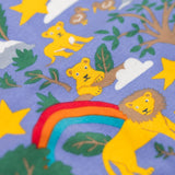 A close up of the details on the print featured on the Frugi sofia skater dress in grape / into the wild available at Babipur. A GOTS organic cotton lilac skater dress with a playful wildlife print .