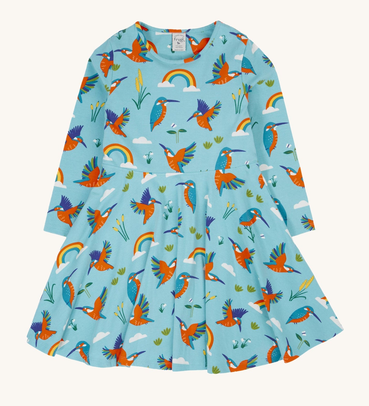 Frugi sofia skater dress in kingfisher skies available at Babipur. A GOTS organic cotton skater dress in light blue with a lovely playful kingfisher print.