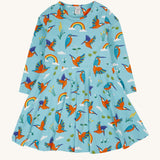 Frugi sofia skater dress in kingfisher skies available at Babipur. A GOTS organic cotton skater dress in light blue with a lovely playful kingfisher print.