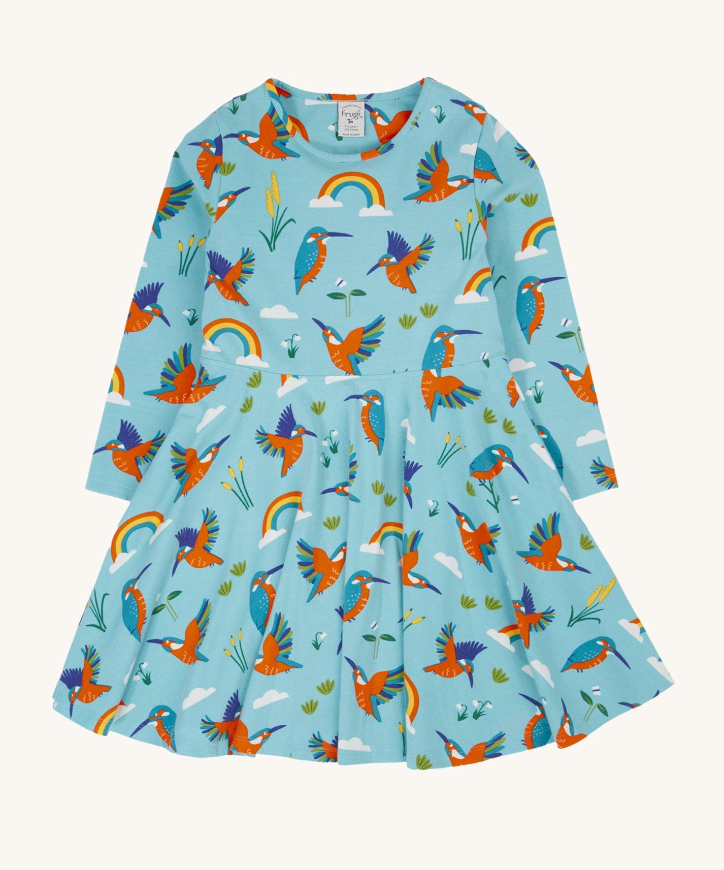 Frugi sofia skater dress in kingfisher skies available at Babipur. A GOTS organic cotton skater dress in light blue with a lovely playful kingfisher print.
