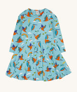 Frugi sofia skater dress in kingfisher skies available at Babipur. A GOTS organic cotton skater dress in light blue with a lovely playful kingfisher print.