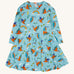 Frugi sofia skater dress in kingfisher skies available at Babipur. A GOTS organic cotton skater dress in light blue with a lovely playful kingfisher print.
