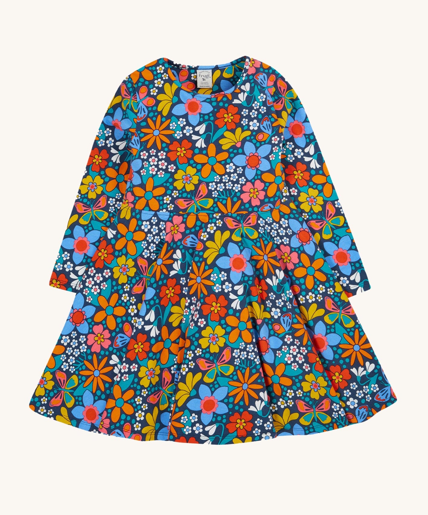 Frugi sofia skater dress in navy / retro flowers available at Babipur. A GOTS organic cotton skater dress in navy with a bright retro floral design.