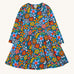 Frugi sofia skater dress in navy / retro flowers available at Babipur. A GOTS organic cotton skater dress in navy with a bright retro floral design.