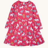 Frugi sofia skater dress in rose / unicorn floral available at Babipur. A GOTS organic cotton dress in light pink with a cute unicorn and floral design.