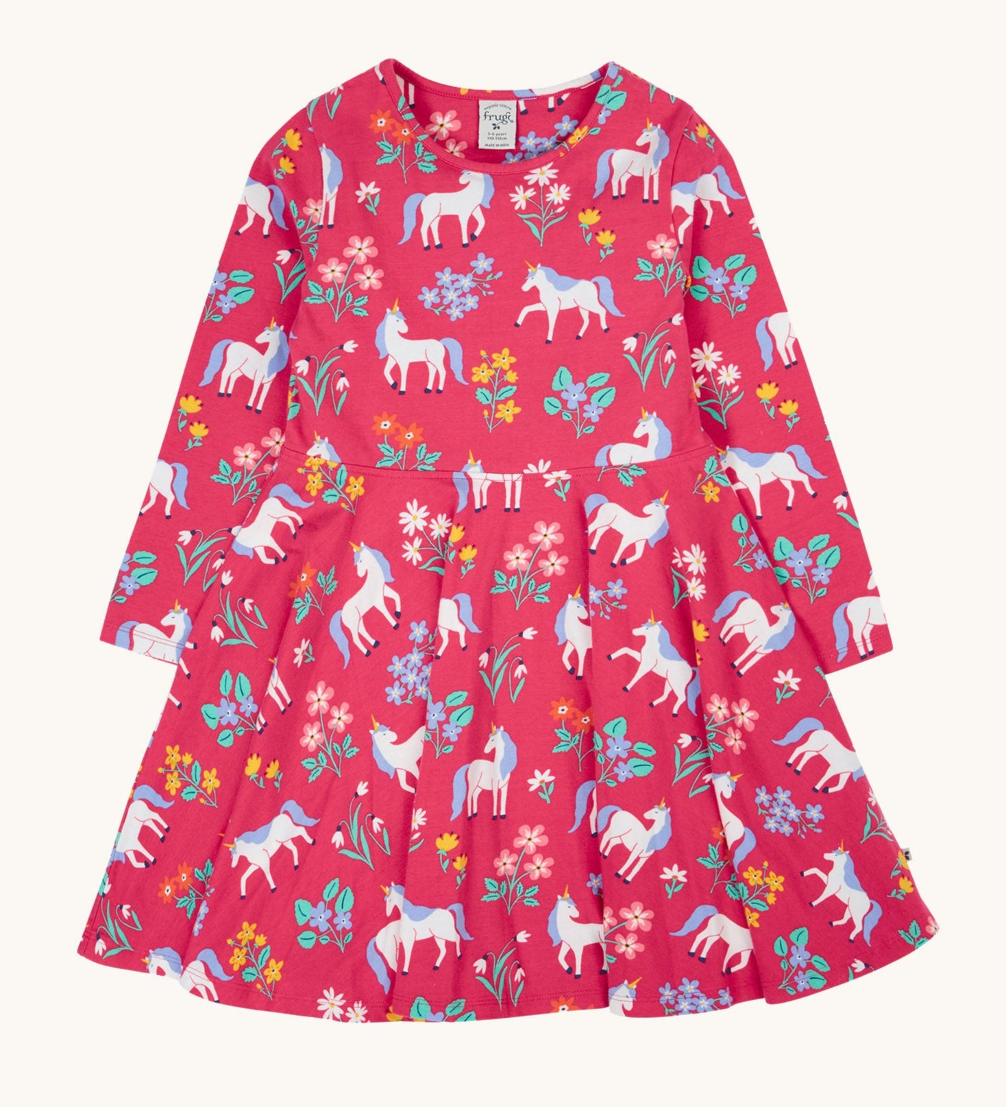 Frugi sofia skater dress in rose / unicorn floral available at Babipur. A GOTS organic cotton dress in light pink with a cute unicorn and floral design.