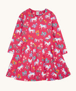 Frugi sofia skater dress in rose / unicorn floral available at Babipur. A GOTS organic cotton dress in light pink with a cute unicorn and floral design.
