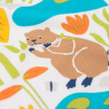 A close up of the beaver on the Frugi tamar raglan top in soft white/waterways available at Babipur. A orange and white GOTS organic cotton long sleeve top with a playful waterways print on the front.