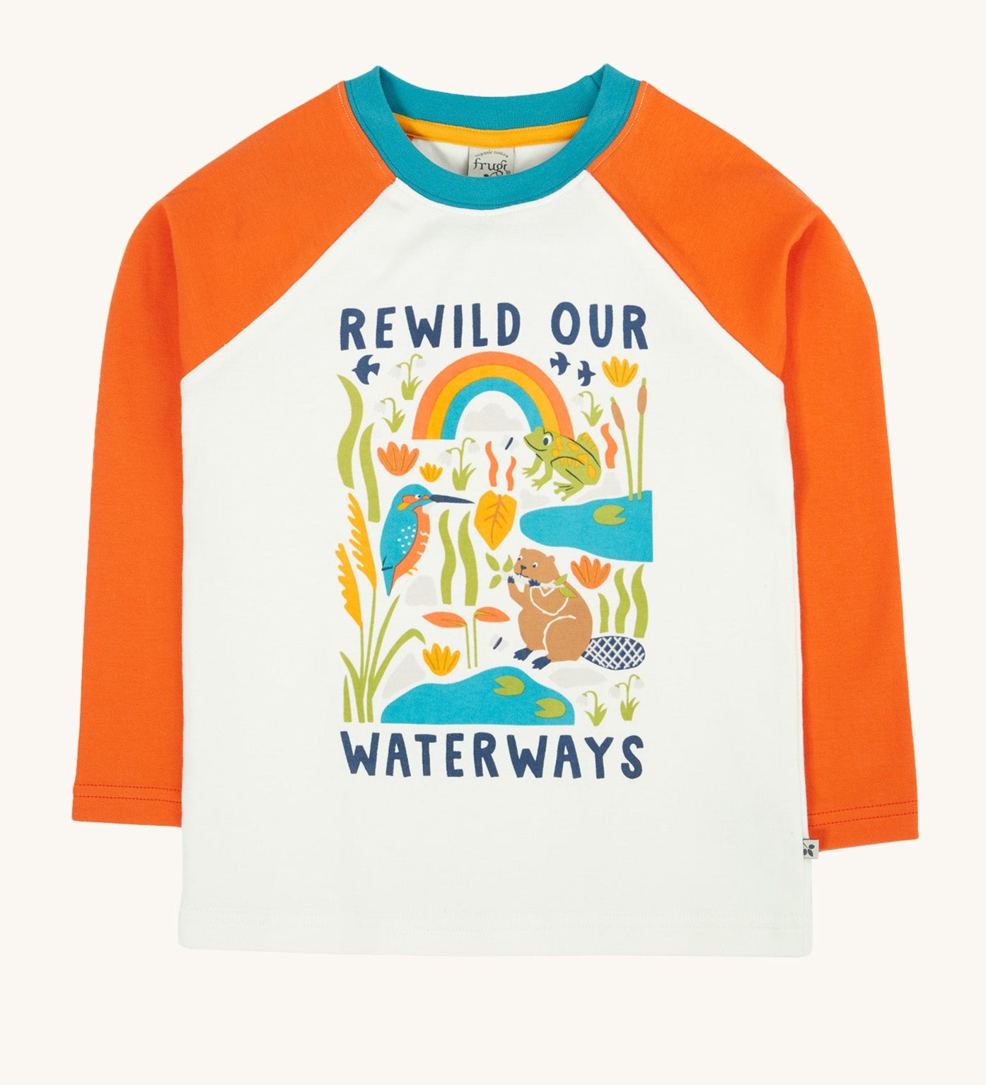 Frugi tamar raglan top in soft white/waterways available at Babipur. A orange and white GOTS organic cotton long sleeve top with a playful waterways print on the front.