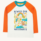 Frugi tamar raglan top in soft white/waterways available at Babipur. A orange and white GOTS organic cotton long sleeve top with a playful waterways print on the front.