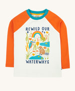 Frugi tamar raglan top in soft white/waterways available at Babipur. A orange and white GOTS organic cotton long sleeve top with a playful waterways print on the front.